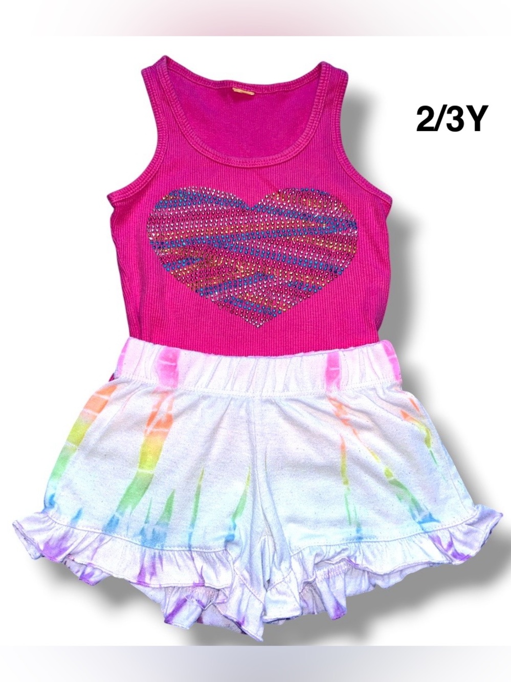 Girls Hot Pink Tank with Rainbow Heart + White Rainbow Tie-Dye Ruffle Shorts